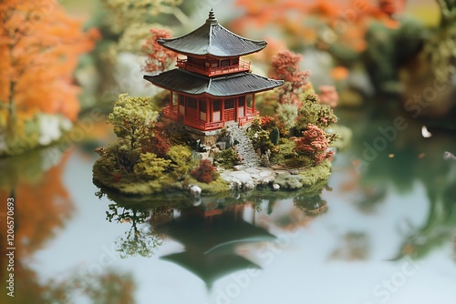 A serene miniature pagoda surrounded by vibrant foliage and water. photo