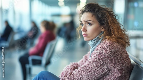 a young white woman in a medical waiting room looking concerned or anxious, suggesting the stress of being uninsured, insurance concept