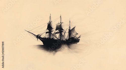 A shadowy sailing ship emerges against a soft beige background, blending classic maritime elements with a minimalist artistic style. photo