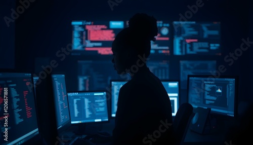 Black Female IT Developer: Night Coding Silhouette dark work data woman