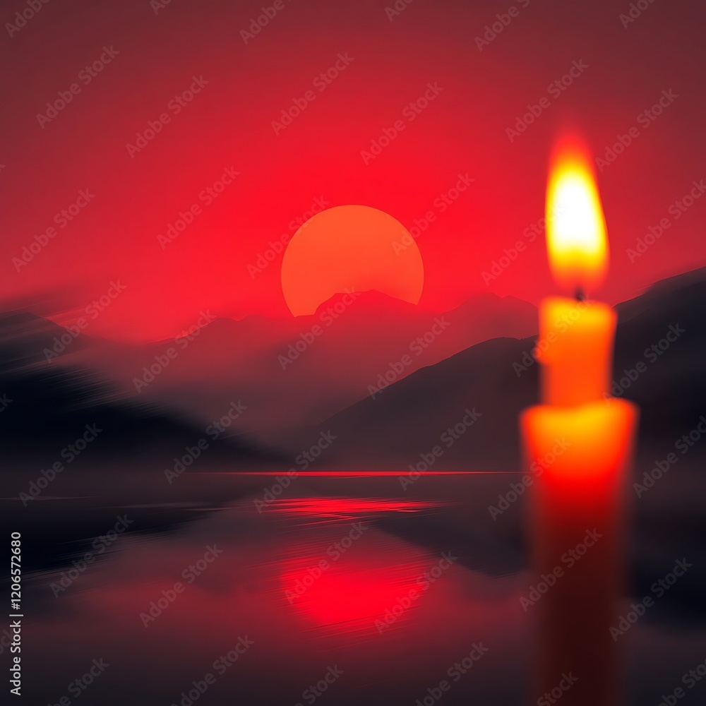 Fototapeta premium Sunset, candle, mountains, lake, red sky.