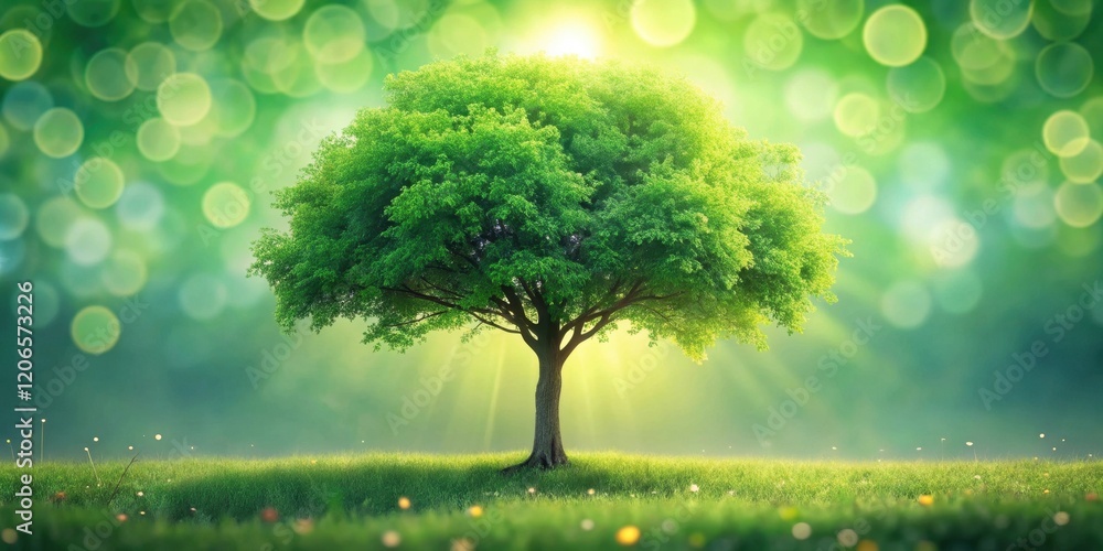 A single, vibrant green tree stands majestically in a sun-drenched meadow, surrounded by a soft, ethereal green bokeh A single, vibrant green tree stands majestically in a sun-drenched meadow, surrounded by a soft, ethereal green bokeh