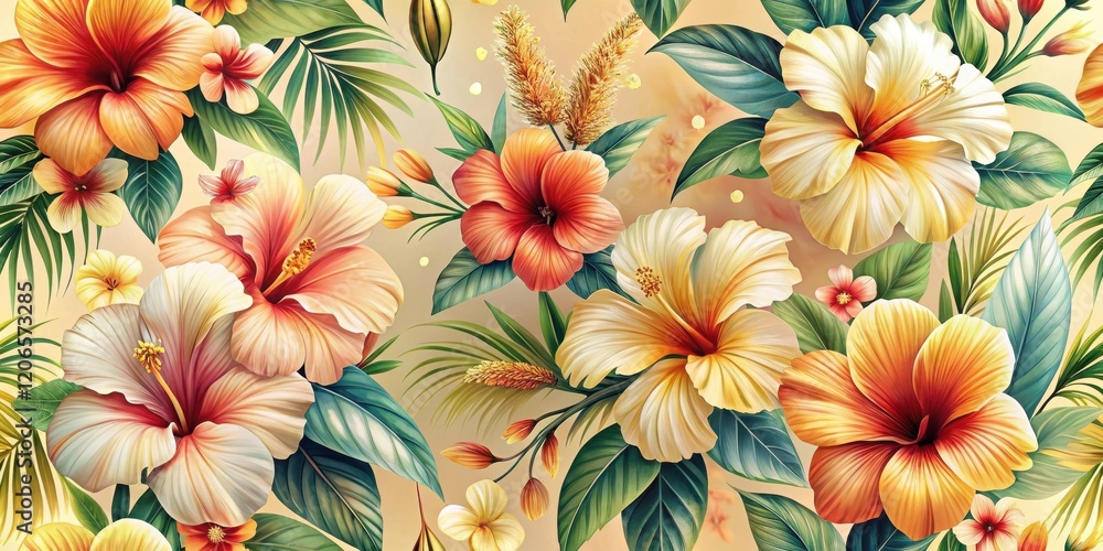 Vibrant Hibiscus and Tropical Foliage Seamless Pattern Featuring Exquisitely Detailed Blossoms in Warm Hues, Lush Greenery, and Delicate Accents Vibrant Hibiscus and Tropical Foliage Seamless Pattern Featuring Exquisitely Detailed Blossoms in Warm Hues, Lush Greenery, and Delicate Accents