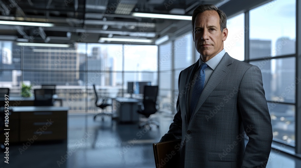 Distinguished Man in Tailored Suit Standing Confidently in Modern Office Distinguished Man in Tailored Suit Standing Confidently in Modern Office