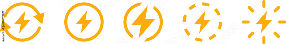 set of lightning bolt icons . energy, power, electricity with circular arrows and radiant designs. renewable energy, charging, electric power icons set of lightning bolt icons . energy, power, electricity with circular arrows and radiant designs. renewable energy, charging, electric power icons