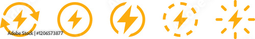 set of lightning bolt icons . energy, power, electricity with circular arrows and radiant designs. renewable energy, charging, electric power icons