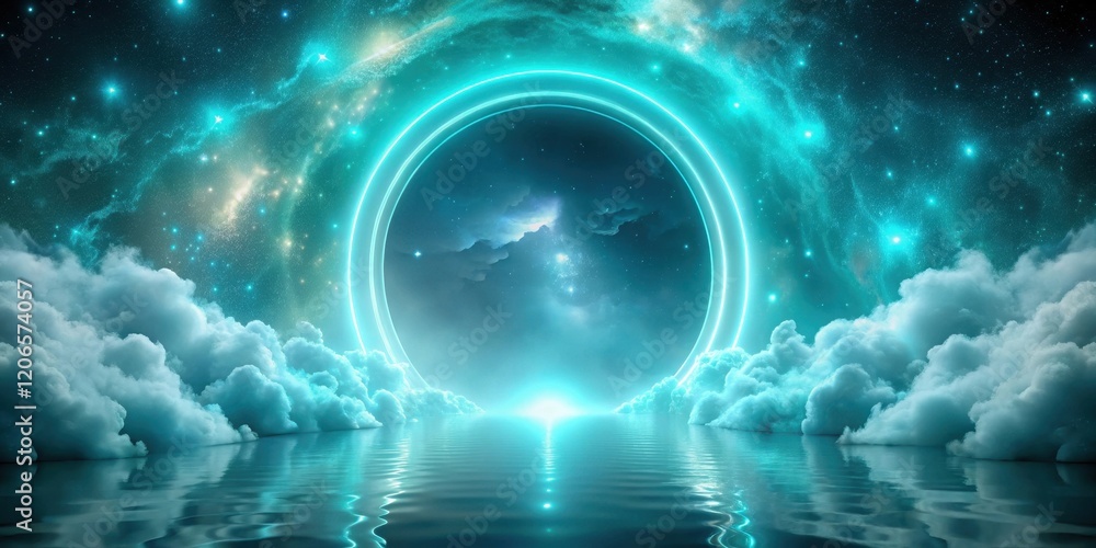 Fototapeta premium Ethereal Celestial Portal Reflecting on Calm Waters, Surrounded by Dreamlike Clouds and Stars