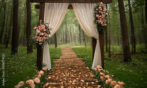 A serene wedding altar set in a lush forest, adorned with flowers and flowing drapes.