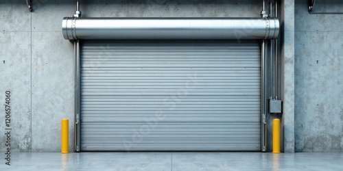 A large metal roll-up door in a contemporary industrial setting, flanked by bright yellow bollards against a polished concrete floor