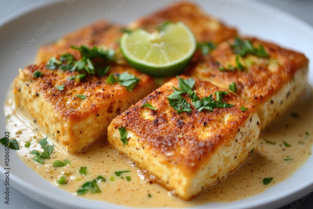 Pan Fried Tofu Cubes in Creamy Sauce with Herbs Pan Fried Tofu Cubes in Creamy Sauce with Herbs
