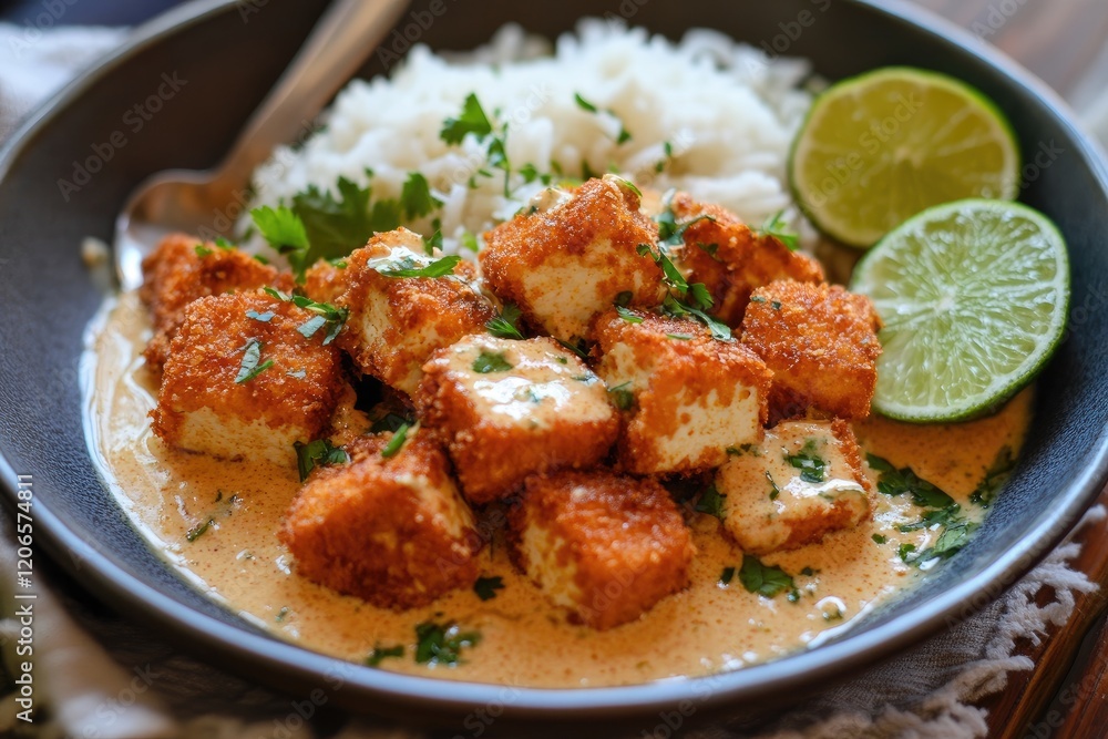 Crispy Tofu Cubes in Creamy Sauce with Rice and Lime Crispy Tofu Cubes in Creamy Sauce with Rice and Lime
