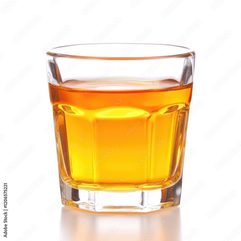 A glass filled with amber liquid sits on a white background A glass filled with amber liquid sits on a white background