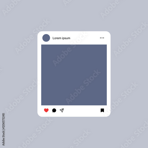 social media post mockup frame template with like, comment, share and save icons, feed post mock up. vector user interface template. social media interaction icons, notifications symbols