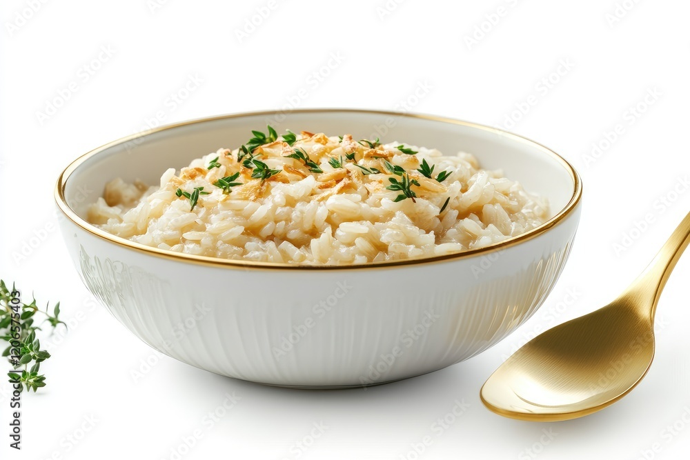 Creamy Risotto in Elegant White Bowl with Herbs Creamy Risotto in Elegant White Bowl with Herbs