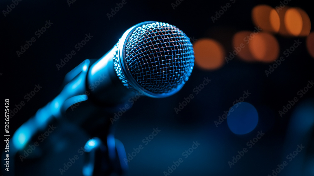 Close-up view of a microphone ready for performance in a dimly lit venue Close-up view of a microphone ready for performance in a dimly lit venue