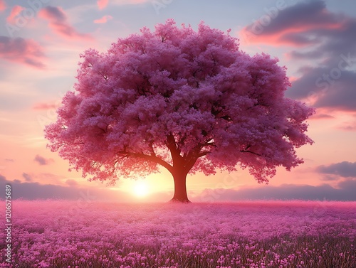 Pink tree sunset field.