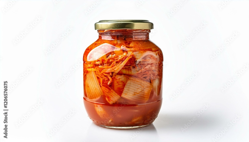 Jar of Kimchi, vibrant red, delicious fermented cabbage. Jar of Kimchi, vibrant red, delicious fermented cabbage.