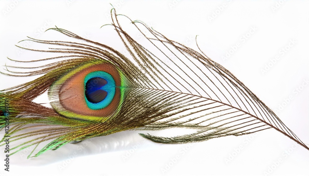 Fototapeta premium Vibrant peacock feather, intricate details, isolated on white background.