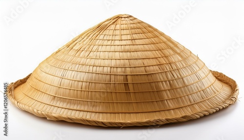 A traditional Asian conical hat made of woven straw. photo