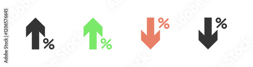 set of arrow icon with percentage symbol. increase, decrease arrow up down icons. profit and lose money sign. growth, decline, statistics icons, in upward and downward directions