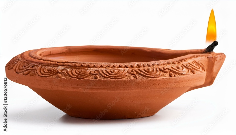 Terracotta oil lamp with intricate detailing, lit with a warm flame. Terracotta oil lamp with intricate detailing, lit with a warm flame.