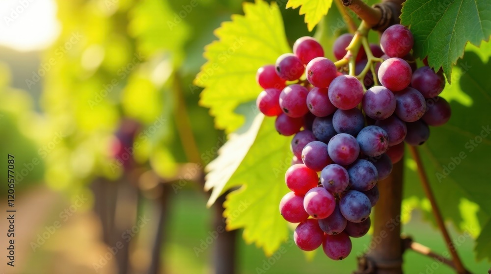 Fototapeta premium A lush bunch of ripe red and purple grapes hangs from a vine, bathed in warm sunlight, showcasing the vibrant colors and natural beauty of the harvest.