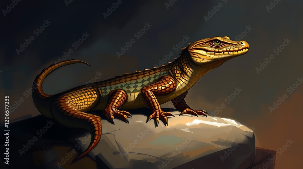 Fototapeta premium Golden reptile perched on rock, dramatic lighting.