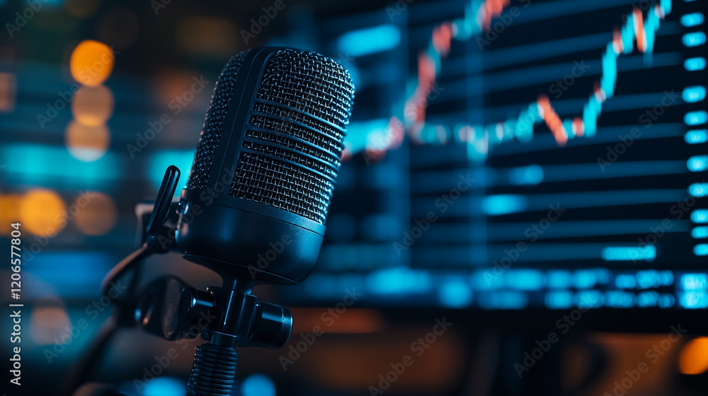 Microphone in front of stock market data display during a live trading session Microphone in front of stock market data display during a live trading session