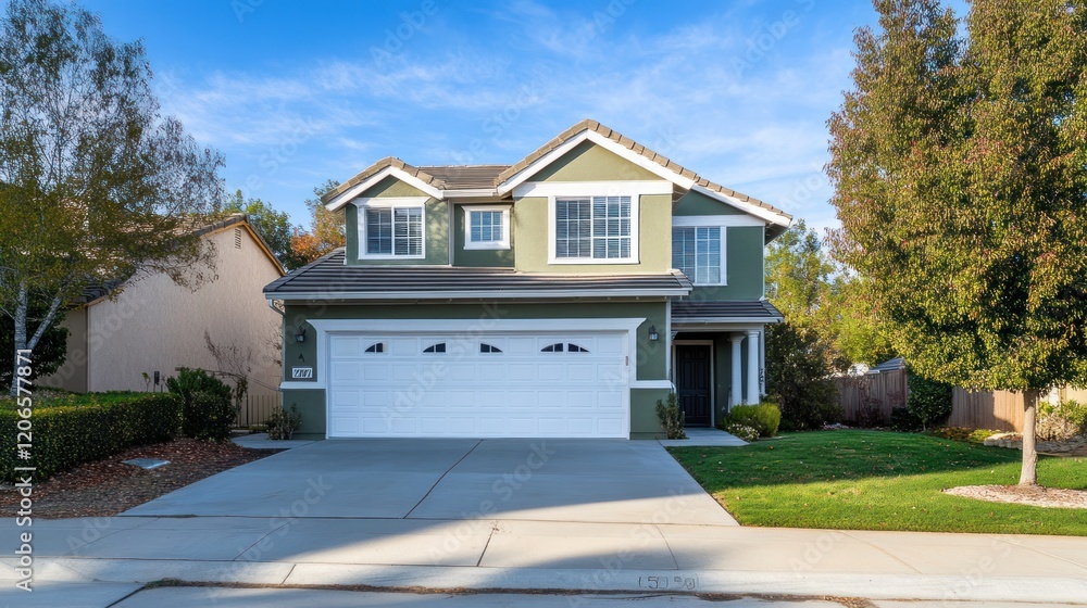 Green Two-Story Home with White Garage Doors Green Two-Story Home with White Garage Doors