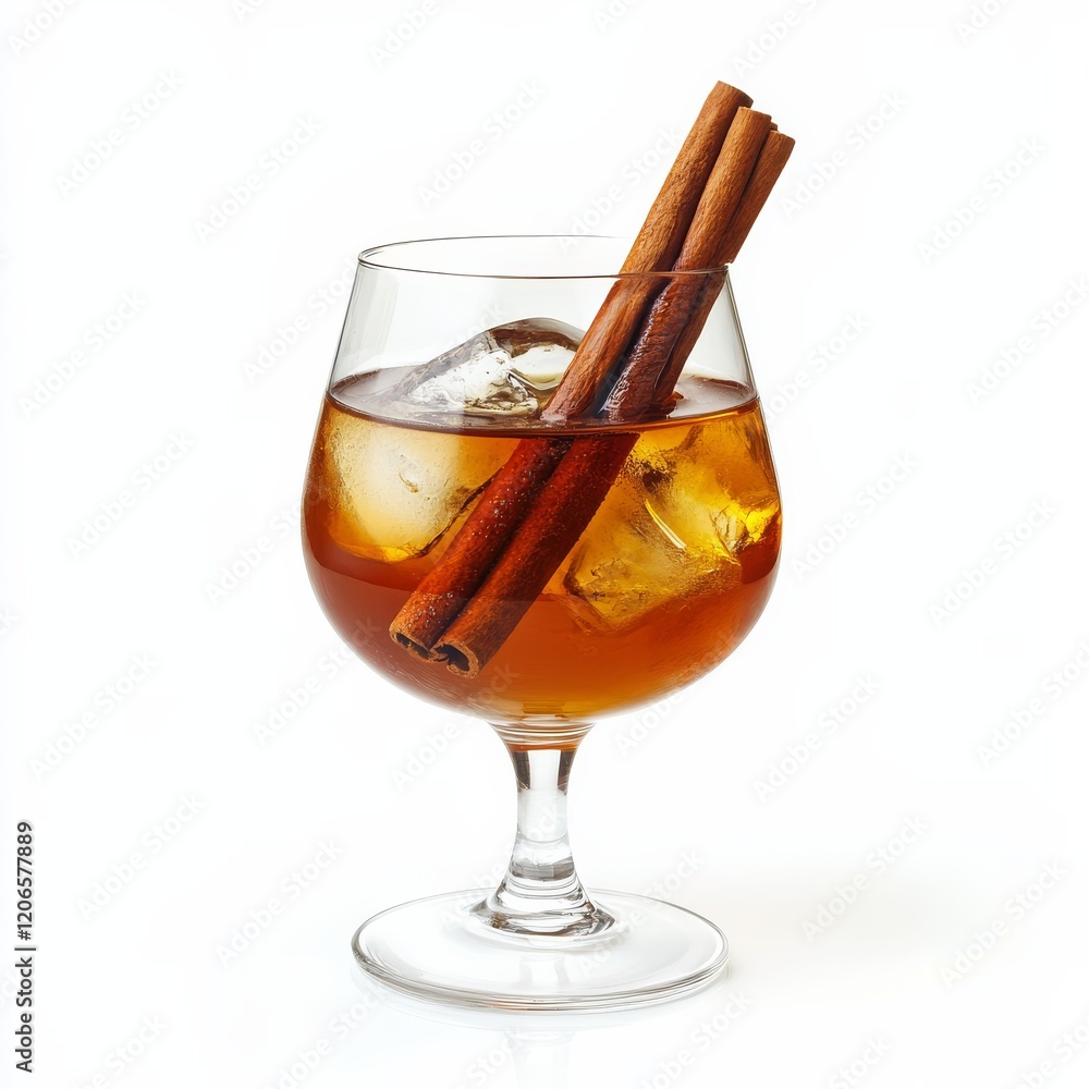 A rich brandy cocktail with a cinnamon stick, warming and smooth, isolated white background A rich brandy cocktail with a cinnamon stick, warming and smooth, isolated white background