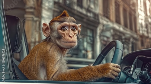 A monkey driving an electric car in a cityscape, symbolizing humanity's technological pursuits and detachment from its primal essence. photo