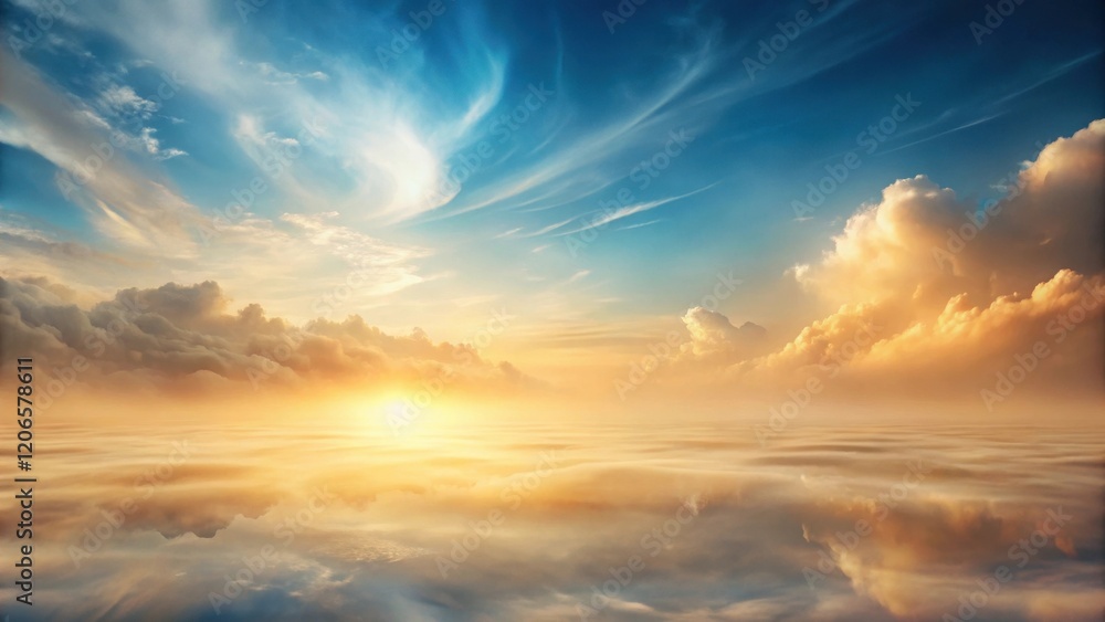 Obraz premium Golden Hour Serenity A Dreamlike Sunset Reflection on a Tranquil Sea of Clouds