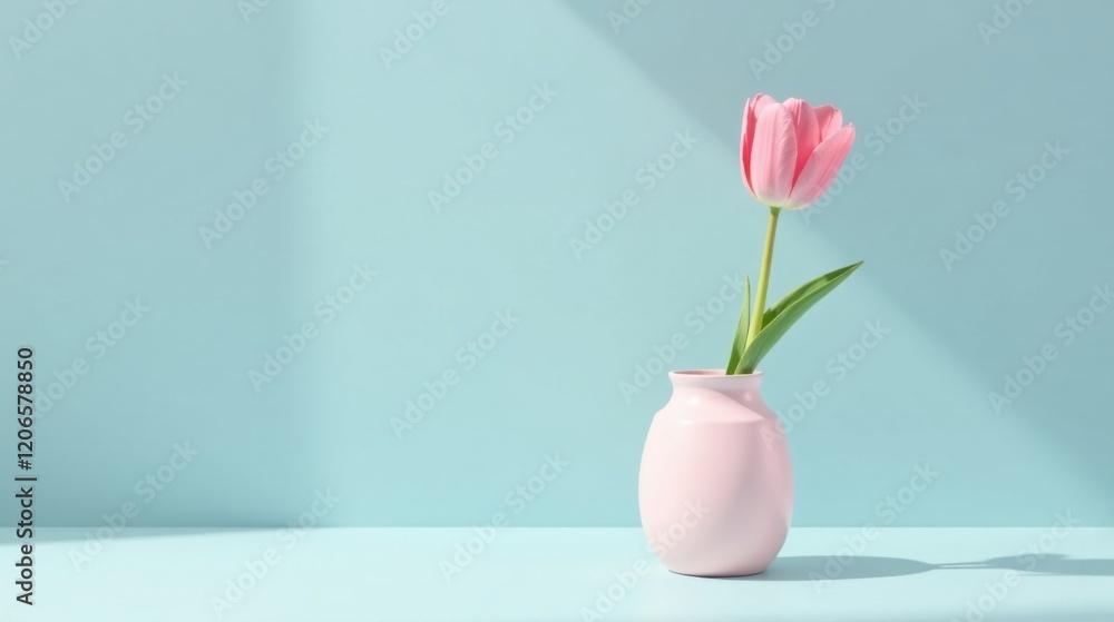 Single pink tulip in a pale pink vase against a light blue background, illuminated by sunlight creating a serene and minimalist floral arrangement Single pink tulip in a pale pink vase against a light blue background, illuminated by sunlight creating a serene and minimalist floral arrangement