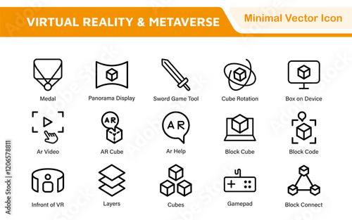 Virtual Reality and Metaverse Icon Set. A cutting-edge collection of icons designed to enhance immersive experiences, perfect for VR apps, gaming platforms, and digital worlds.