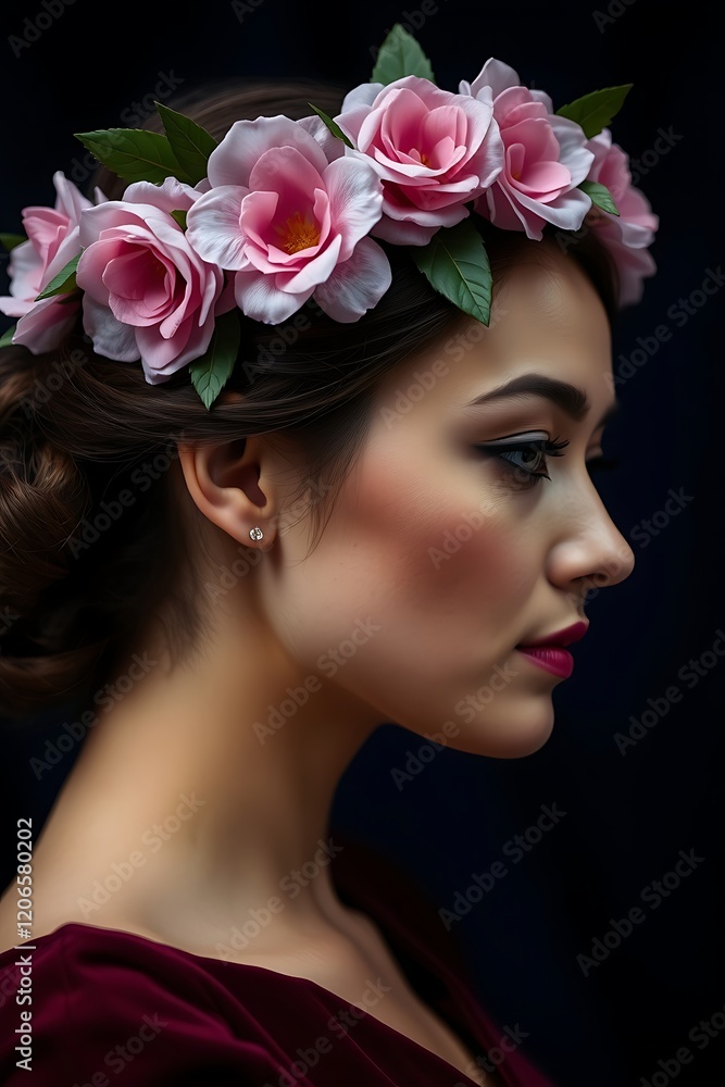 Profile of woman wearing pink rose crown.