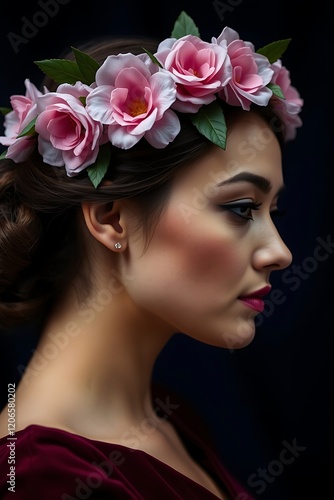 Obraz na płótnie Profile of woman wearing pink rose crown. w salonie