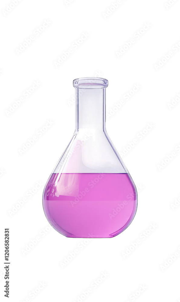 E-perspective, a laboratory flask filled with pink liquid, isolated on PNG white background E-perspective, a laboratory flask filled with pink liquid, isolated on PNG white background