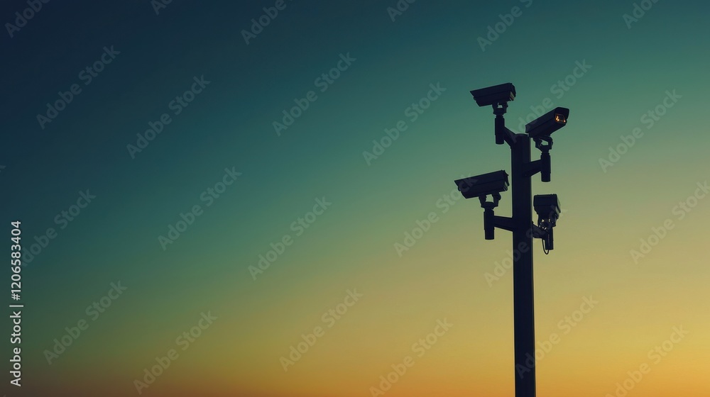 Modern Surveillance Cameras Mounted on Tall Pole at Dusk Modern Surveillance Cameras Mounted on Tall Pole at Dusk