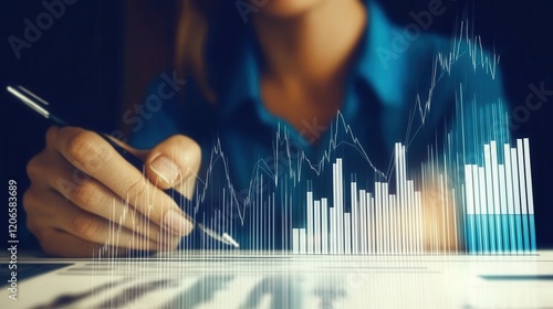 Hand holding a pen against a monitor displaying projected analytics and diagrams, symbolizing business, finance and marketing innovation. photo