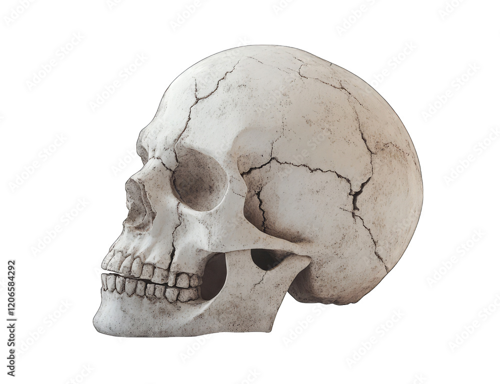 skull with visible cracks and worn edges, isolated on a white background skull with visible cracks and worn edges, isolated on a white background