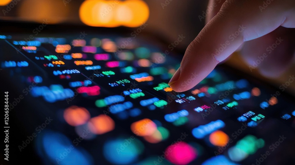Macro View of a Hand Interacting with a Colorful Digital Interface Macro View of a Hand Interacting with a Colorful Digital Interface