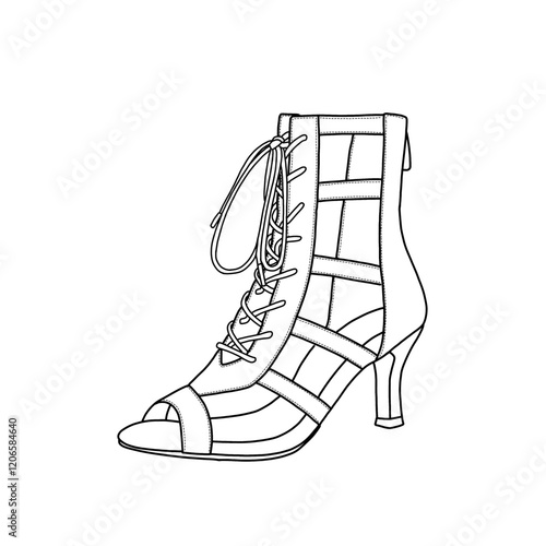 Women's Latin and salsa dance shoes with strings, open-toe ballroom dance shoes, and heel boots for women. Technical sketch hand drawing outline vector doodle illustration. 