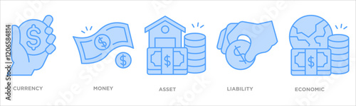 icon collection set. Containing design money,currency,asset,liability,economic