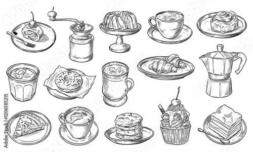 morning dessert and coffee handdrawn collection