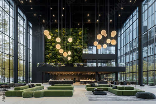 Modern office lobby interior design with green modular sofas, a living wall, and unique pendant lighting. Perfect for corporate, architecture, and design publications.