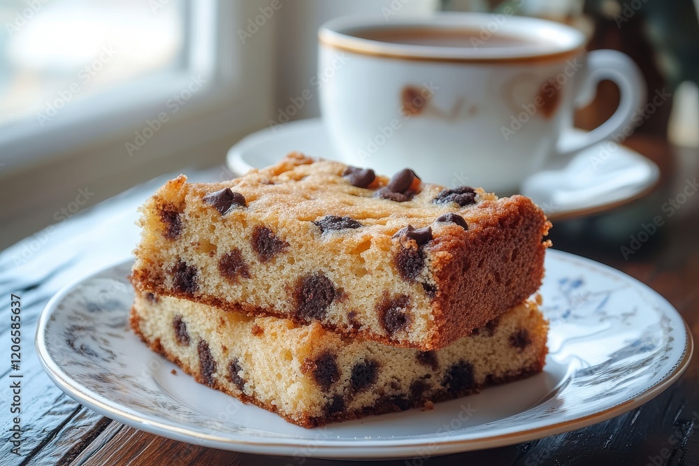 Two delicious chocolate chip blondies stacked on a plate. Perfect for blogs, websites, or recipes showcasing sweet treats and desserts. Two delicious chocolate chip blondies stacked on a plate. Perfect for blogs, websites, or recipes showcasing sweet treats and desserts.