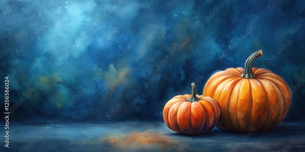 Autumnal Still Life Two Pumpkins Resting on a Dark Blue Surface Autumnal Still Life Two Pumpkins Resting on a Dark Blue Surface