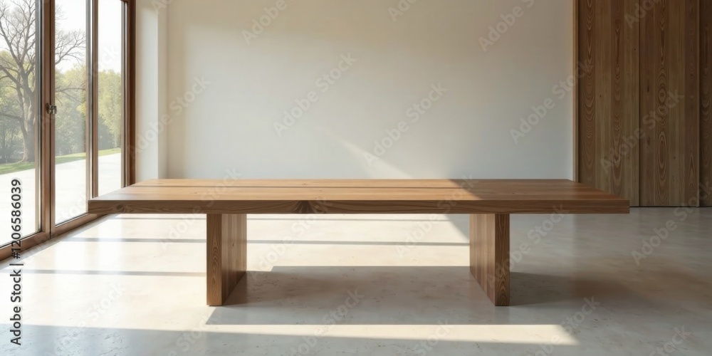 Fototapeta premium Long, minimalist wooden table in a sunlit room with large windows and wooden doors