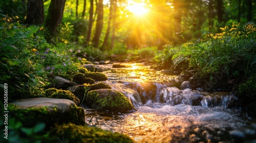 Serene Forest Scene at Dawn with Gentle Stream and Wildflowers