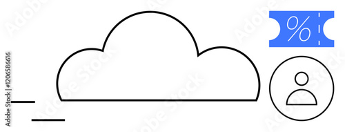 Cloud icon with dynamic lines suggesting motion, accompanied by user profile circle and a discount ticket with percentage sign. Ideal for digital services, cloud computing, user accounts, discounts